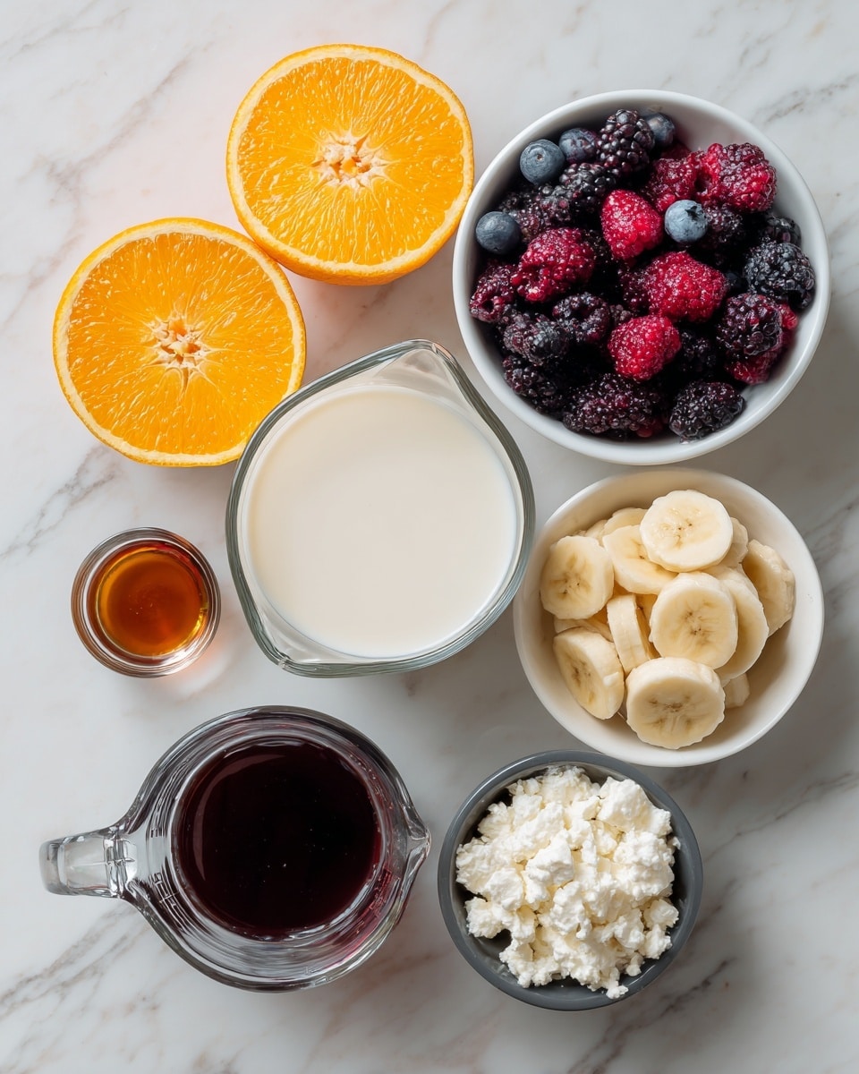 The image shows six food items placed on a white marbled surface. On the top left, there are two halves of an orange with a bright orange color and a detailed texture. To the right, a white bowl filled with mixed dark purple and red berries, including blackberries, raspberries, and blueberries, showing a juicy and fresh texture. Below the orange, there is a clear glass measuring cup filled with white milk. Below the berries, a white bowl contains sliced banana pieces arranged loosely, showing a pale yellow color. Near the bottom left corner, there is a small glass cup with a dark brown liquid, likely syrup or honey. Lastly, near the bottom right corner, there is a dark gray measuring cup containing white cottage cheese with a slightly lumpy texture. Photo taken with an iphone --ar 4:5 --v 7