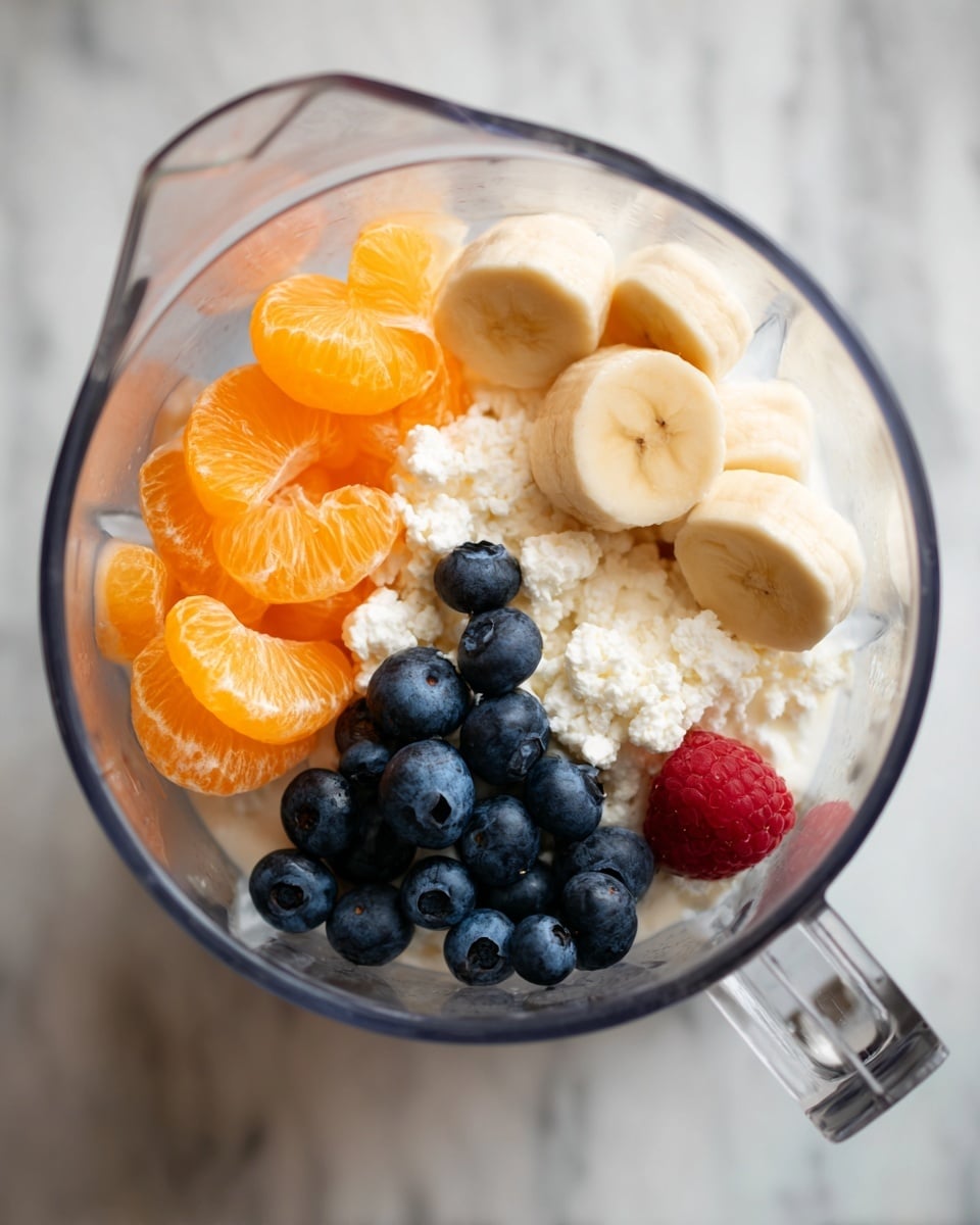 Inside a clear blender container on a white marbled surface, there is a mix of fresh fruits and white cottage cheese. On the left side, there are several bright orange slices of mandarin arranged in a small pile. To the right of the mandarin slices, there are three banana pieces, light yellow in color. Below the banana, there is a small cluster of deep blue blueberries scattered on top of the white cottage cheese which looks creamy and textured. A single red raspberry is placed among the blueberries, adding a pop of color. The blender’s handle is visible on the bottom right side. Photo taken with an iphone --ar 4:5 --v 7