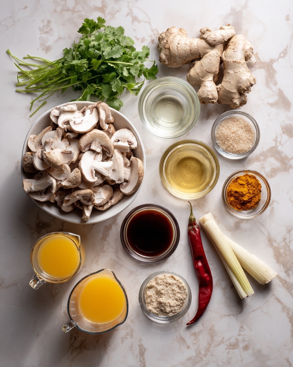 The image shows a white marbled surface with various cooking ingredients arranged neatly. On the left, there is a white bowl filled with sliced light brown mushrooms. Nearby, a bunch of fresh green cilantro rests beside a small glass bowl of clear pale oil. Next to it, a small glass bowl contains light brown sugar. A fresh beige ginger root and a white garlic bulb are placed above two more small glass bowls: one with a dark red thick sauce and another with a brown liquid. A fresh red chili pepper and a pale yellow stalk of lemongrass lie side by side on the surface. At the bottom, two glass measuring jugs are visible, one filled with a bright yellow liquid and the other with a white liquid. Another small glass bowl near the bottom right contains turmeric powder. The arrangement is clean and organized, set on the white marbled texture photo taken with an iphone --ar 4:5 --v 7