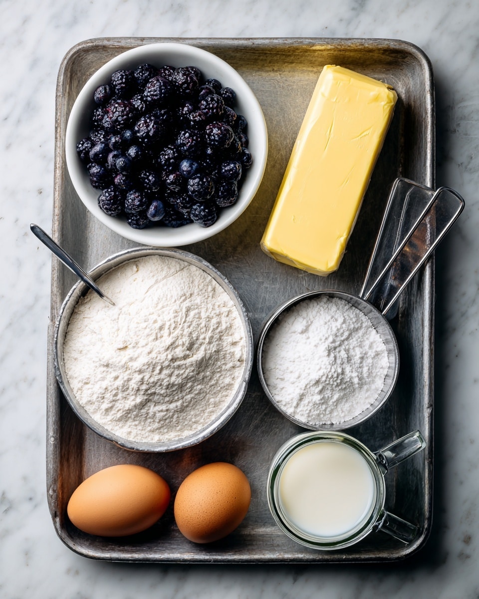 The image shows a metal baking tray with a white marbled surface underneath. On the tray, there is a white bowl filled with dark purple and black blueberries in the top left corner. Next to it on the right is a yellow wrapped stick of butter. Below these, two metal measuring cups are filled with white flour and sugar, placed side by side with the handles crossing. At the bottom left, there are two brown eggs resting directly on the tray. At the bottom right, a glass jar of milk is visible, completing the arrangement of ingredients for a baking recipe. photo taken with an iphone --ar 4:5 --v 7