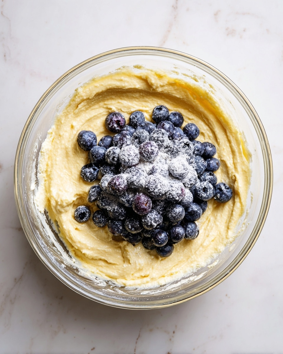 A clear glass bowl is placed on a white marbled surface, containing two main layers. The bottom layer is thick, creamy, pale yellow batter with a smooth texture, filling most of the bowl. On top, there is a generous pile of small dark purple blueberries, some coated lightly with a dusting of flour, sitting in the center. The bowl sides have traces of the yellow batter, showing it's just been mixed. photo taken with an iphone --ar 4:5 --v 7