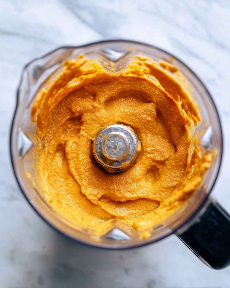 Inside a clear blender container, there is a thick orange puree with a smooth but slightly chunky texture. The puree forms a consistent layer around the metal blades at the bottom center, with slight ridges visible where it has been mixed. The blender handle is black, extending from the bottom right corner. The background is a white marbled surface that enhances the bright orange color of the puree inside the container. photo taken with an iphone --ar 4:5 --v 7