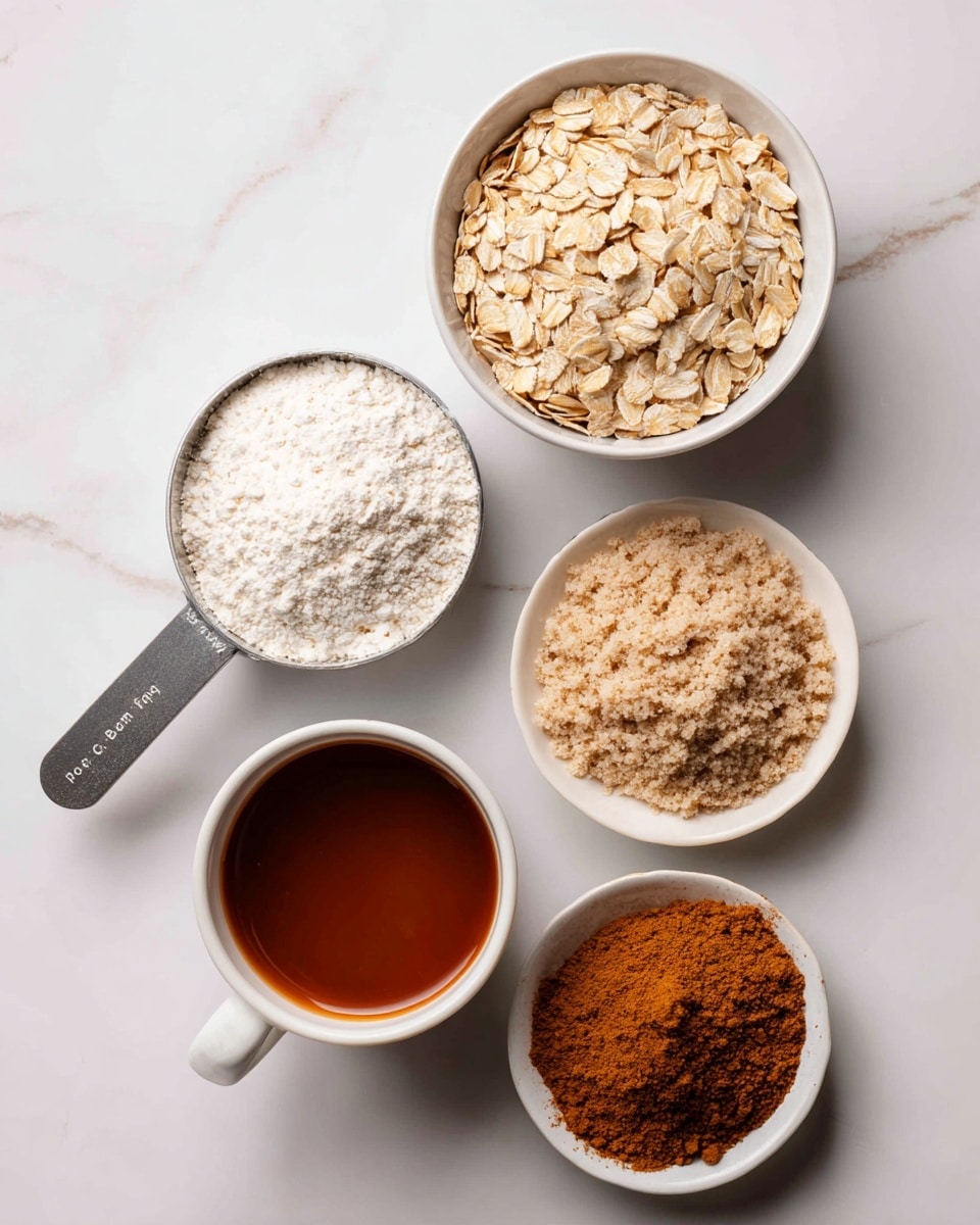 The image shows five small containers with different dry and liquid ingredients arranged on a white marbled surface. At the top right is a white bowl filled with rolled oats, light brown and flat. Below and to the right is another white bowl filled with a pale beige powder with a crumbly texture. To the left of that is a metal measuring cup filled with a white, fine flour-like powder, and just below this cup is a metal measuring cup with a dark orange liquid, smoothly textured. Bottom center is a white ceramic cup filled with a glossy brown liquid, and bottom right is a small white bowl with a mound of cinnamon brown powder. photo taken with an iphone --ar 4:5 --v 7