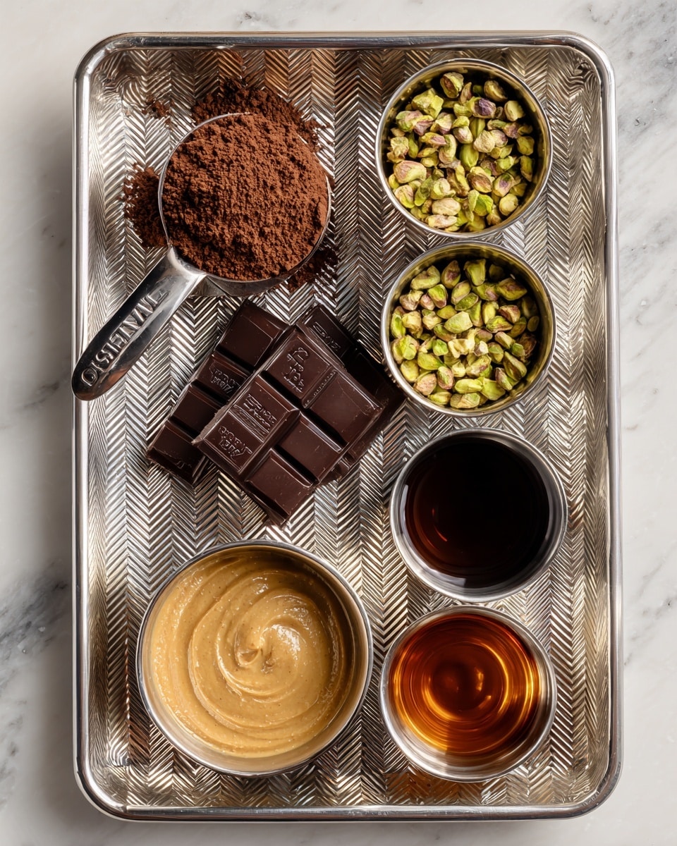 A metal tray with a textured zigzag pattern holds five different ingredients arranged neatly. On the left side, there is a stack of dark brown chocolate squares with a brand logo. Above the chocolate, a metal measuring cup filled with brown cocoa powder sits at the top left. To the right of the cocoa powder, another measuring cup is filled with greenish-brown pistachio nuts. Below the pistachios, a fourth cup contains a dark amber liquid, and at the bottom left, a metal cup is filled with a smooth light brown creamy spread. The tray rests on a white marbled surface. Photo taken with an iphone --ar 4:5 --v 7