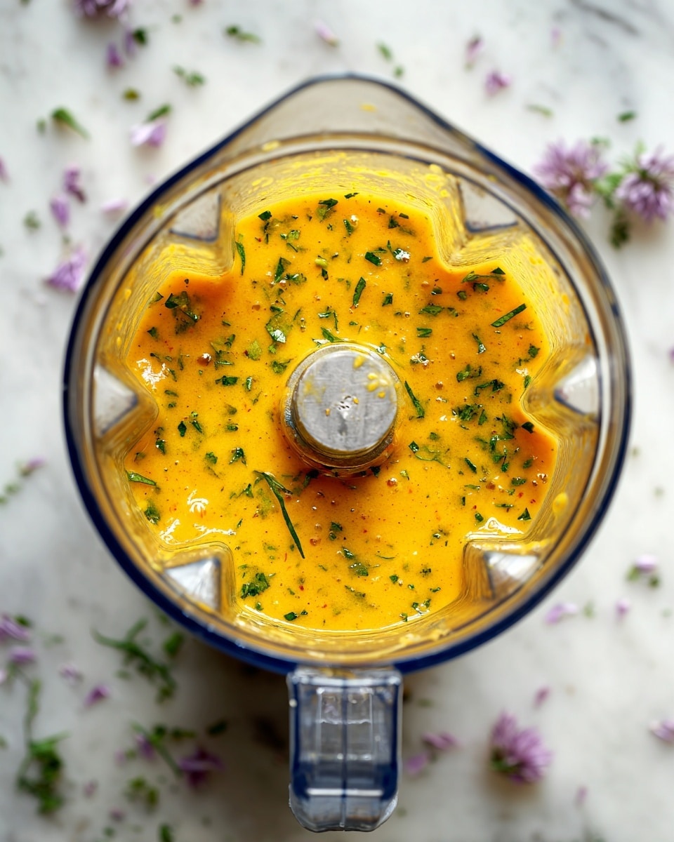 A close-up top view of a blender container filled with a freshly blended sauce. The sauce is a bright yellow-orange color with a slightly chunky texture and small pieces of green herbs mixed throughout. The blender blades are visible near the center, submerged in the sauce. The blender container is clear, showing the sauce inside, and it sits on a white marbled surface. There are small bits of purple and green herbs scattered lightly around the blender on the surface. Photo taken with an iphone --ar 4:5 --v 7