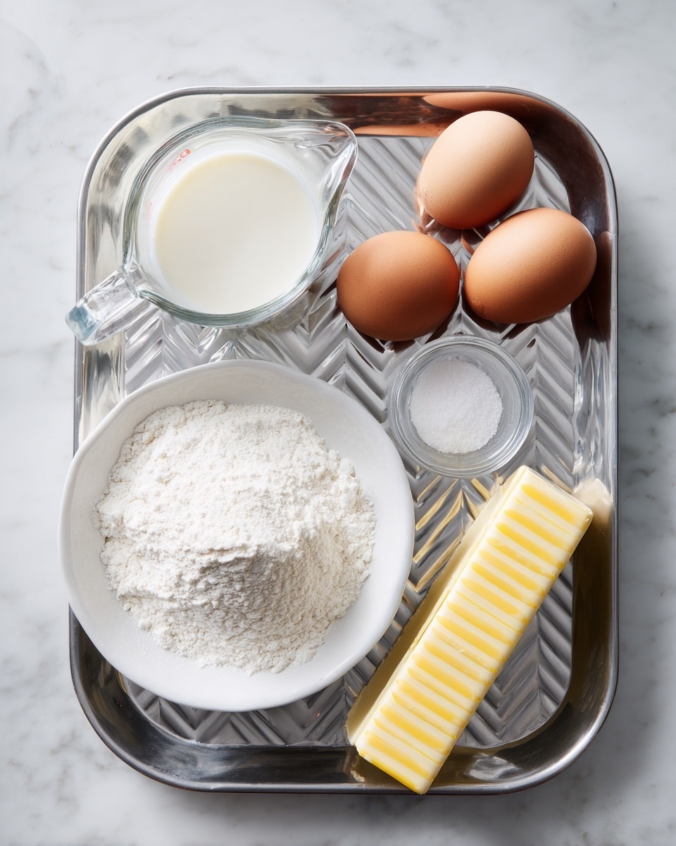 In the image, a metal tray with a chevron pattern holds a small clear glass measuring cup with white milk, and four brown eggs arranged in a loose group to the right. Near the bottom, a white bowl filled with white flour sits on the tray on the left side, and a small clear glass dish with white sugar is placed to the right of the flour. At the bottom right corner of the tray, a stick of butter with yellow and white striped packaging lies flat. The tray is placed on a white marbled surface. photo taken with an iphone --ar 4:5 --v 7