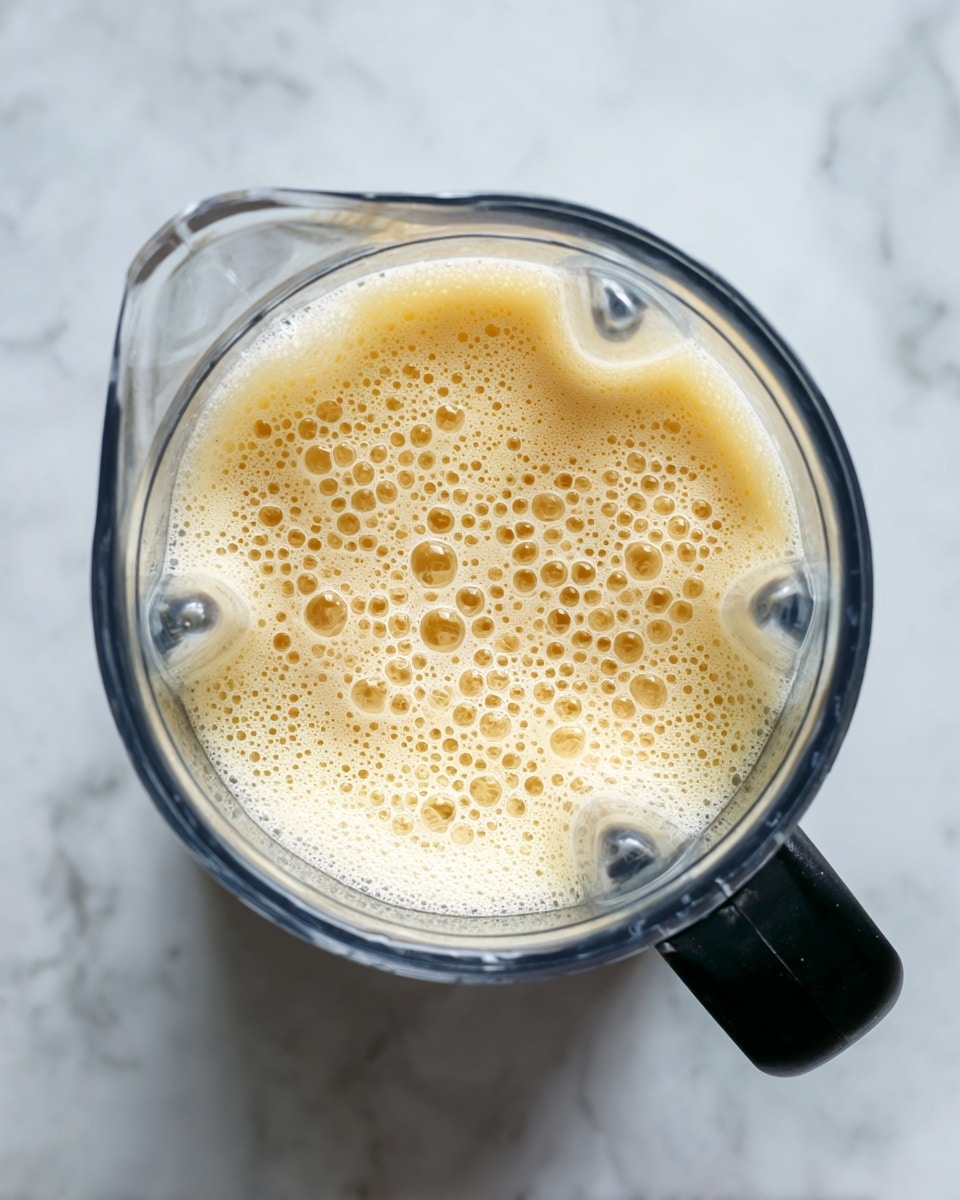 A clear blender container is filled about halfway with a light yellow, foamy liquid that has many small and medium-sized bubbles on the surface. The blender is placed on a white marbled surface, and the black handle of the blender base is visible at the bottom right corner. The image is taken from directly above, highlighting the texture of the liquid inside the blender. Photo taken with an iphone --ar 4:5 --v 7