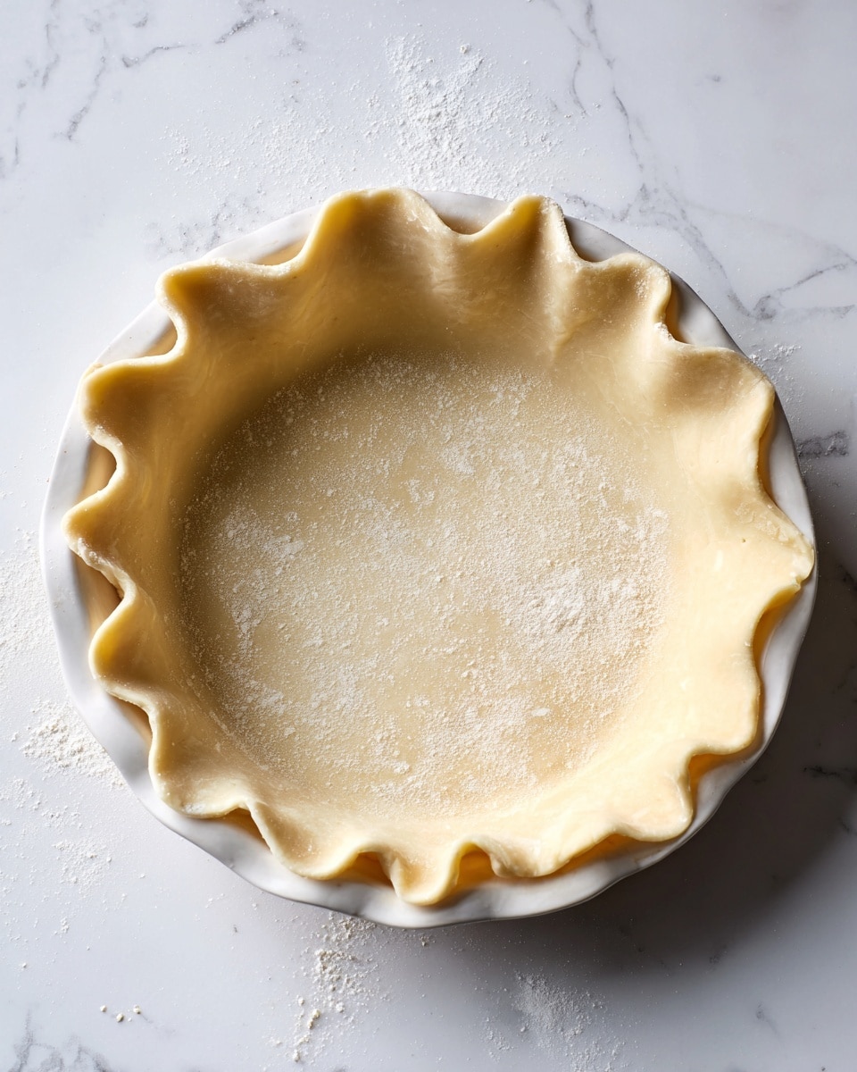 A single layer of pale beige pie dough is pressed into a white ceramic pie dish, with the dough edges extending slightly beyond the rim and gently folded over, showing a smooth and slightly textured surface with fine flour dusting. The dish is placed on a white marbled surface. photo taken with an iphone --ar 4:5 --v 7