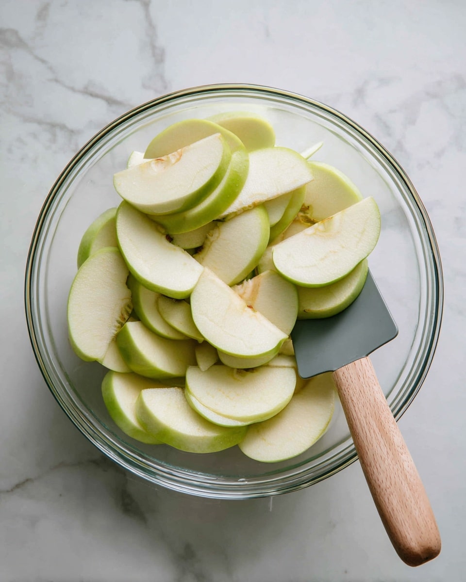 A clear glass bowl holds many thin, pale cream and light green slices of apple. The apple slices are piled loosely in the bowl with some overlapping each other in layers. On the right side inside the bowl, a kitchen spatula with a light wooden handle and dark gray flat part rests among the apple slices. The bowl is placed on a white marble surface showing soft gray veins. Photo taken with an iphone --ar 4:5 --v 7