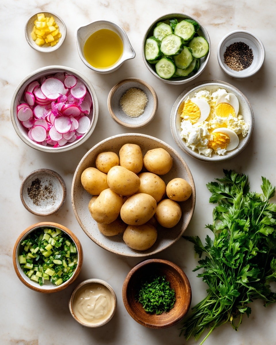 The image shows ingredients for a salad arranged on a white marbled surface. Seven whole light brown potatoes are placed in the middle, surrounded by small white bowls containing chopped hard boiled eggs in one, diced pickles in another, sliced radishes, chopped cucumbers, chopped chives, a small cup of mustard, a small cup of oil, and a small cup of light liquid, likely lemon juice or vinegar. There are two small bowls with coarse salt and ground black pepper, a wooden bowl with pepper, a bowl with a creamy sauce, and a bunch of fresh parsley on the side. The colors are soft and natural with greens, yellows, pinks, and whites. photo taken with an iphone --ar 4:5 --v 7