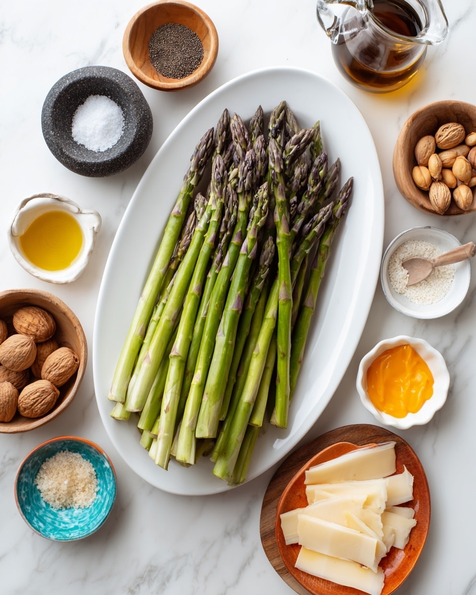 A white oval plate holds a bunch of fresh asparagus stalks with green and purple tips, arranged in a neat pile in the center. To the left and right of the plate are small bowls and containers with various ingredients: a wooden bowl filled with salt, a dark stone bowl with black pepper, a small white bowl with golden liquid, a clear glass pitcher with a dark sauce, a wooden bowl with light-colored nuts, a white bowl with orange-yellow liquid, a small stone dish with white powder, a small turquoise and orange bowl with white salt, and a wooden bowl with thin pale yellow slices of cheese. The entire scene is set on a white marbled surface. Photo taken with an iphone --ar 4:5 --v 7