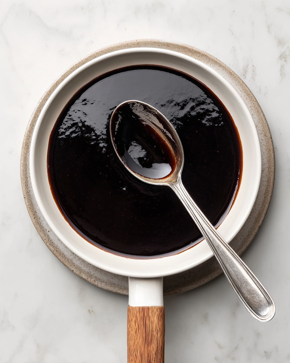 A white pan with a wooden handle holds a dark, shiny brown sauce that fills the pan almost to the top. A silver spoon rests inside the pan with part of its shallow bowl covered by the sauce, reflecting light and showing smooth, glossy texture. The pan is set on a white marbled surface. photo taken with an iphone --ar 4:5 --v 7