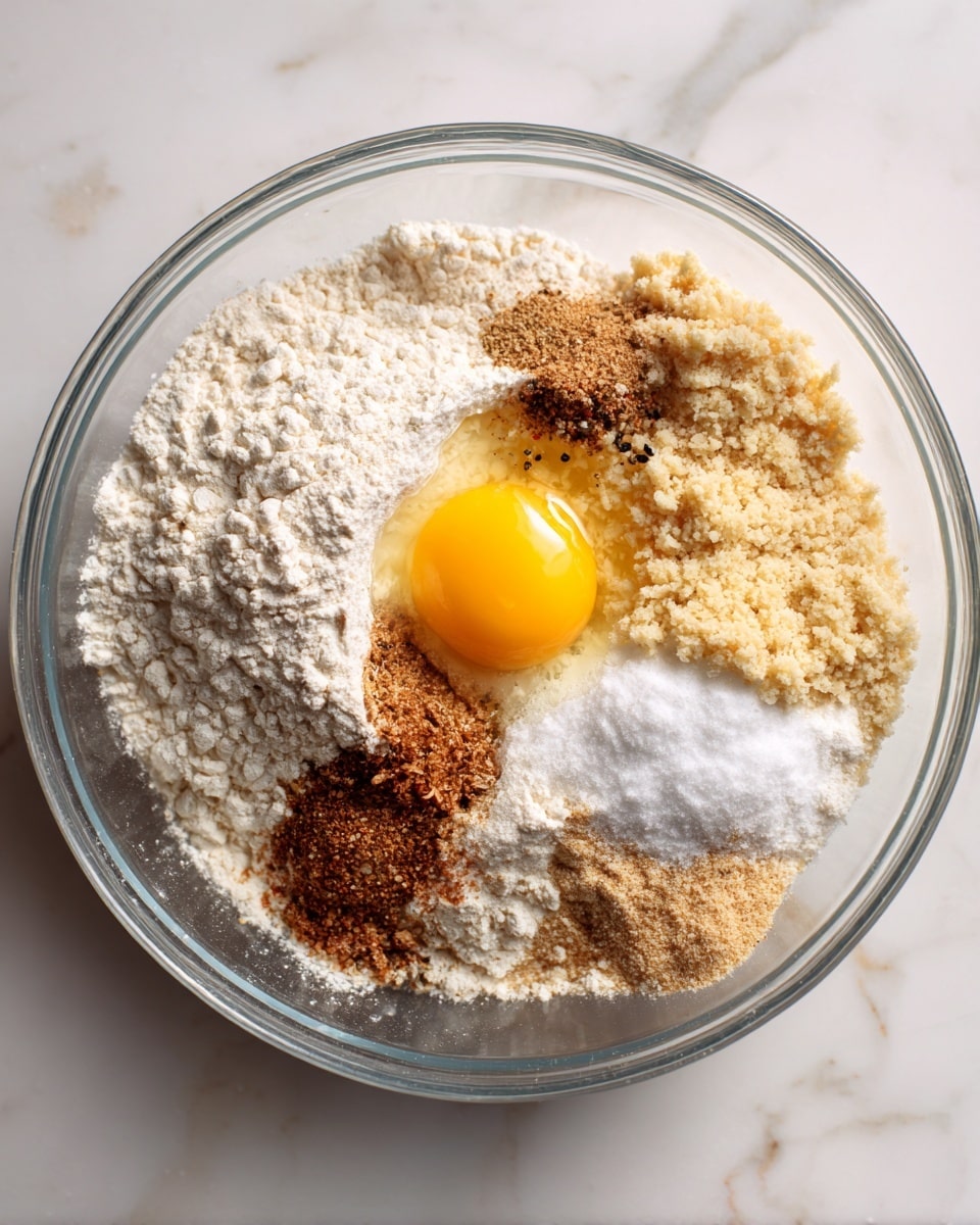 A clear glass bowl sits on a white marbled surface, containing several dry and wet ingredients arranged in separate sections. There is a bright yellow egg yolk near the center, surrounded by a mound of white flour on the left, light beige breadcrumbs on the right, a small pile of light brown spice near the yolk, a pinch of white salt near the bottom center, and some black pepper flakes scattered near the top left side. The ingredients appear unmixed and create a layered look of different textures and neutral colors. photo taken with an iphone --ar 4:5 --v 7