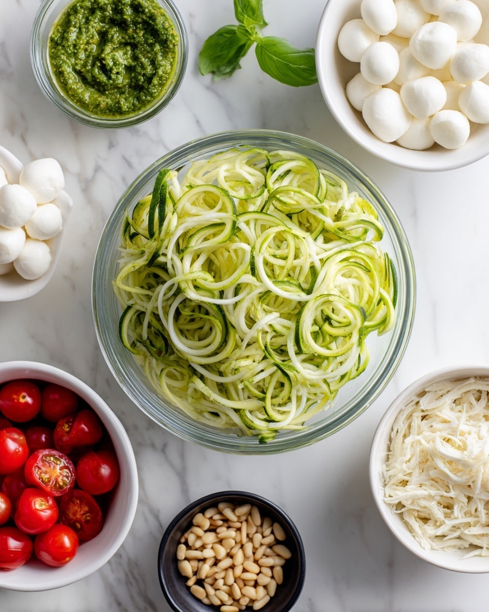 The image shows six bowls placed on a white marbled surface. In the center at the top is a large glass bowl filled with green and light cream spiralized zucchini noodles. To the left are three bowls: a small clear glass bowl with green pesto sauce and a few basil leaves on the white marbled surface next to it, a white bowl filled with small white mozzarella balls below that, and a white bowl with halved red cherry tomatoes to the bottom left. To the right are two bowls: a white bowl with shredded white chicken pieces and a small black bowl with light beige pine nuts at the bottom center. The colors blend with fresh green, red, white, and beige tones, arranged neatly. Photo taken with an iphone --ar 4:5 --v 7
