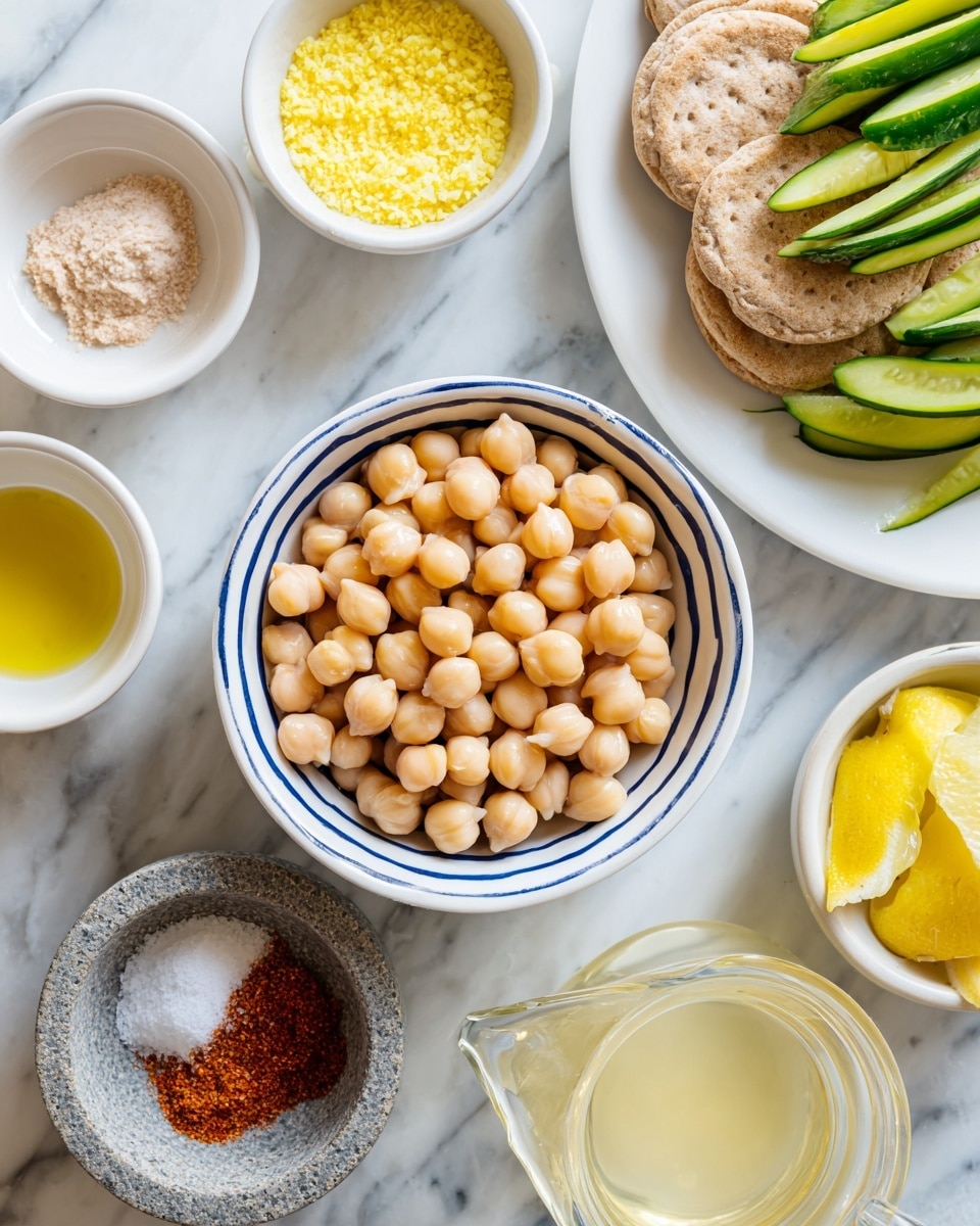 A top view of a white bowl with a blue rim filled with light beige chickpeas is at the center on a white marbled surface. Around it, several small white bowls hold different ingredients: smooth tahini sauce, bright yellow olive oil, two garlic cloves, grated yellow lemon zest, red spice powder, and coarse salt in a gray stone bowl. To the right, a white plate holds stacked round pita bread pieces topped with long, green cucumber slices. In the bottom right, there is a small clear glass pitcher filled with a pale yellow liquid. The photo taken with an iphone --ar 4:5 --v 7