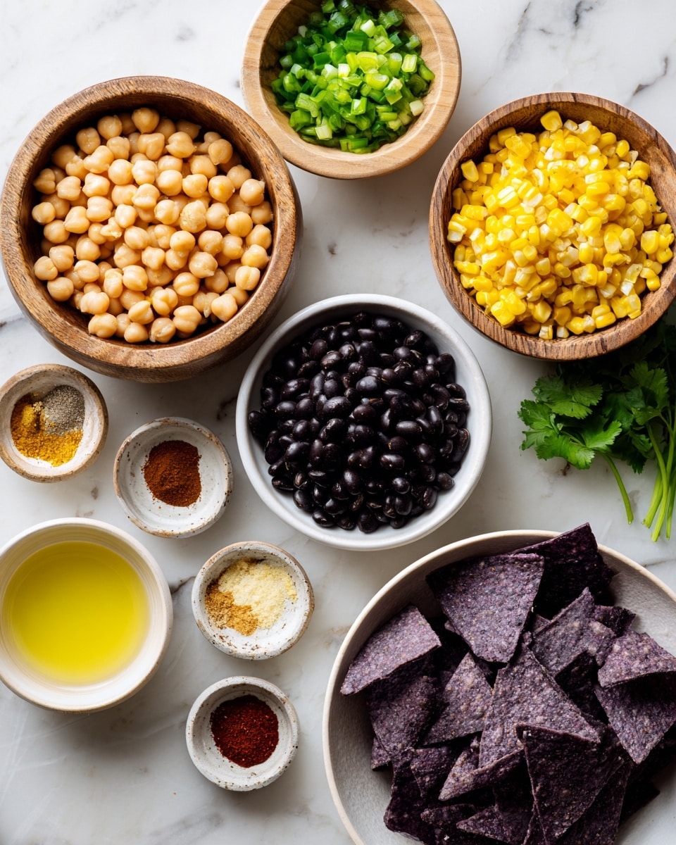 The image shows several small white bowls and a light wooden bowl on a white marbled surface. The large wooden bowl on the left holds round chickpeas in light beige color. Next to it, a wooden bowl contains bright yellow corn kernels. A small white bowl holds finely chopped green peppers, and another wooden bowl has sliced green onions. A white bowl in the center holds shiny black beans. There are small bowls with various spices in red, brown, white, and black colors arranged around. One small white bowl has a pale yellow liquid, and another bowl shows a clear golden liquid. On the right side, a large white bowl is filled with dark purple triangle chips. Some fresh green cilantro sprigs lie near the chestnut bowl. photo taken with an iphone --ar 4:5 --v 7