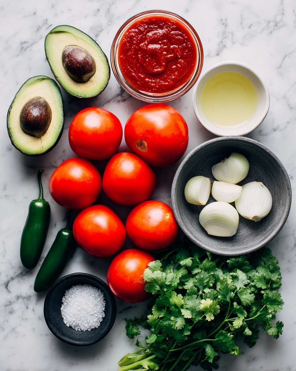 A flat lay of fresh ingredients arranged neatly on a white marbled surface. The center shows eleven bright red tomatoes grouped closely together. To the left, two dark green jalapeño peppers lie next to two halved avocados with green flesh and dark brown seeds. A small white bowl with clear light yellow liquid and a clear glass container filled with red tomato sauce are positioned near the avocados. On the right side, a small white bowl holds five peeled garlic cloves. Next to it, a dark gray bowl contains a halved white onion with visible layers. A bunch of vibrant green cilantro with detailed leaves is placed on the far right. In front of the onion bowl, there is a small black bowl filled with white salt. Photo taken with an iphone --ar 4:5 --v 7