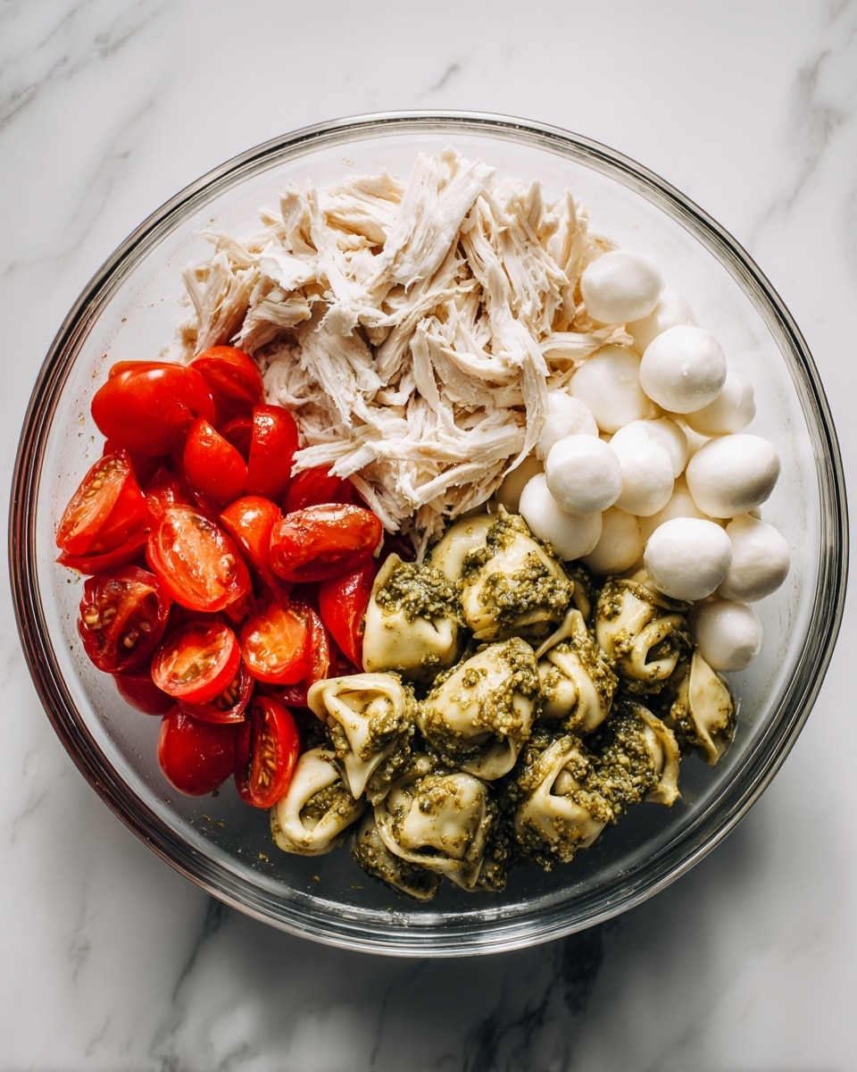 A clear glass bowl on a white marbled surface holds four separate piles of food arranged side by side. One pile is shredded white chicken, looking soft and fibrous. Next to it are bright red cherry tomatoes sliced in half, showing their juicy insides. Another section has small white mozzarella balls, smooth and round, stacked closely. The last pile is green pesto-covered tortellini, with the sauce clinging thickly and visibly to the pasta. There are also some roasted red pepper pieces with a shiny, slightly wrinkled texture near the chicken. photo taken with an iphone --ar 4:5 --v 7