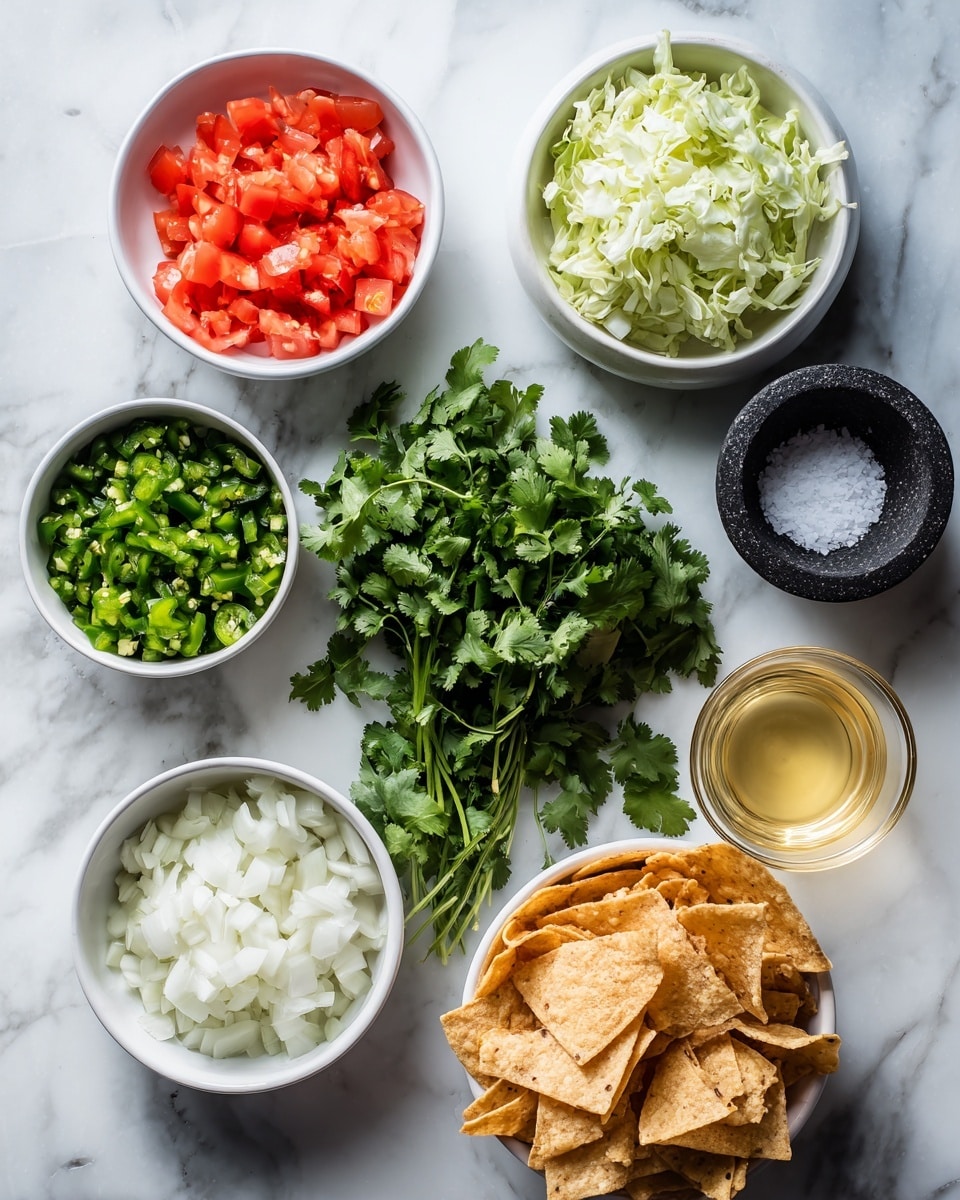 The image shows seven small bowls and a pile of fresh cilantro on a white marbled surface. Starting from the top left, there is a white bowl with red chopped tomatoes, next to it a white bowl filled with chopped light green cabbage. In the center, there is a bunch of green cilantro with stems and leaves spread out. Below the cilantro, there is a white bowl holding chopped white onions. To the left of the onions, a white bowl contains finely chopped green jalapeños. Above the onions, a small clear glass holds light yellow lime juice. On the far right, there is a white bowl filled with golden-brown toasted tortilla chips, and above it, a small black stone bowl with white salt inside. photo taken with an iphone --ar 4:5 --v 7