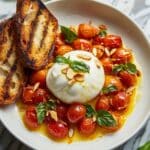Braised Cherry Tomatoes with Burrata and Toasted Baguette Recipe