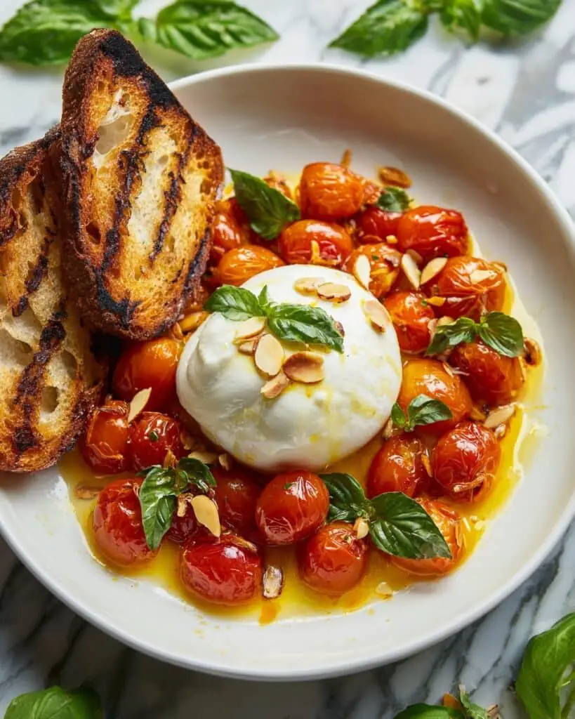 Braised Cherry Tomatoes with Burrata and Toasted Baguette Recipe