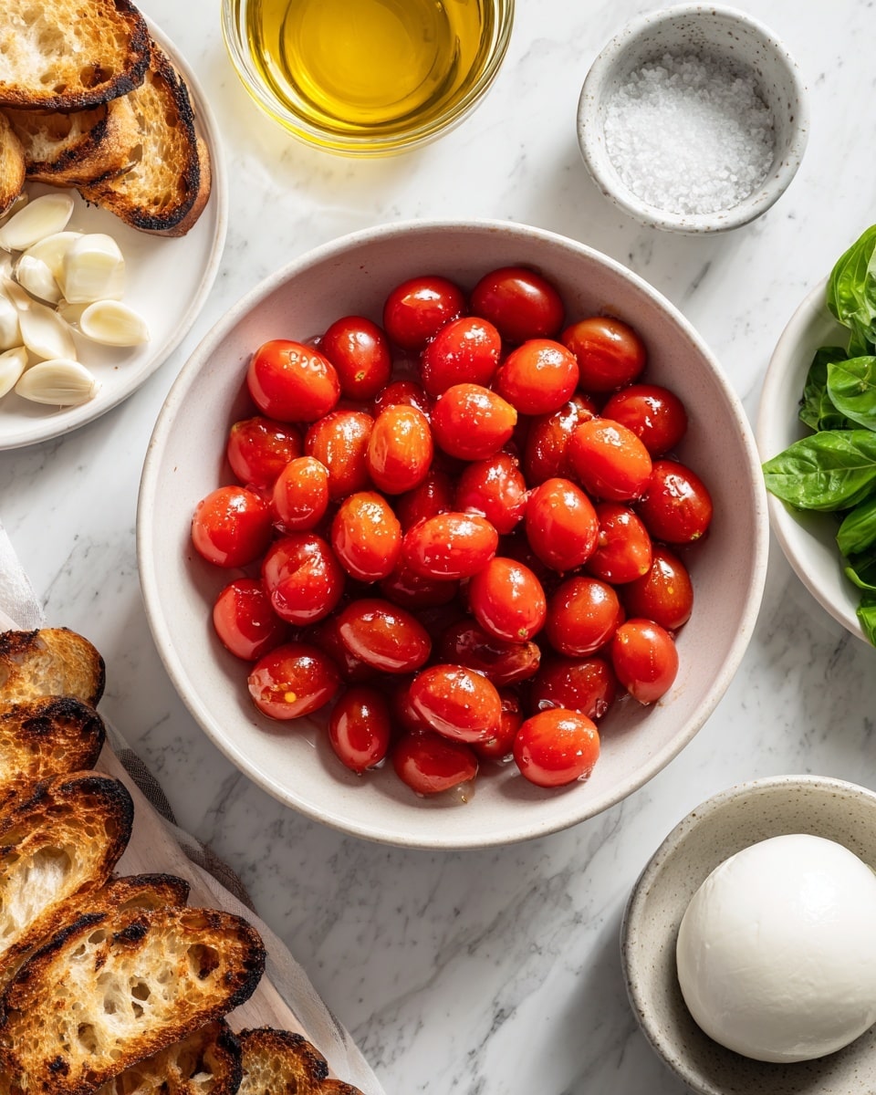 A white bowl filled with bright red round cherry tomatoes sits near the center on a white marbled surface. To the left, there are several grilled pieces of brown toast stacked and a small white plate with peeled garlic slices. Above the toast is a glass container filled with golden olive oil. To the right of the tomatoes, there is a small gray bowl filled with white salt, a bunch of fresh green basil leaves, and a white bowl with a smooth ball of fresh white mozzarella cheese. The scene is clean with vibrant colors on a white marbled background photo taken with an iphone --ar 4:5 --v 7