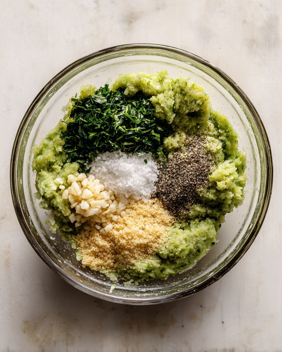 A clear glass bowl sits on a white marbled surface, filled with a green mashed mixture. The mash forms a thick base layer with a creamy texture. On top of this base are four smaller piles: finely chopped dark green herbs on the left, white granules of salt near the center, light beige minced garlic to the right of the salt, and coarse black pepper close to the garlic. The mix shows fresh, vibrant colors and rough textural contrasts. Photo taken with an iphone --ar 4:5 --v 7