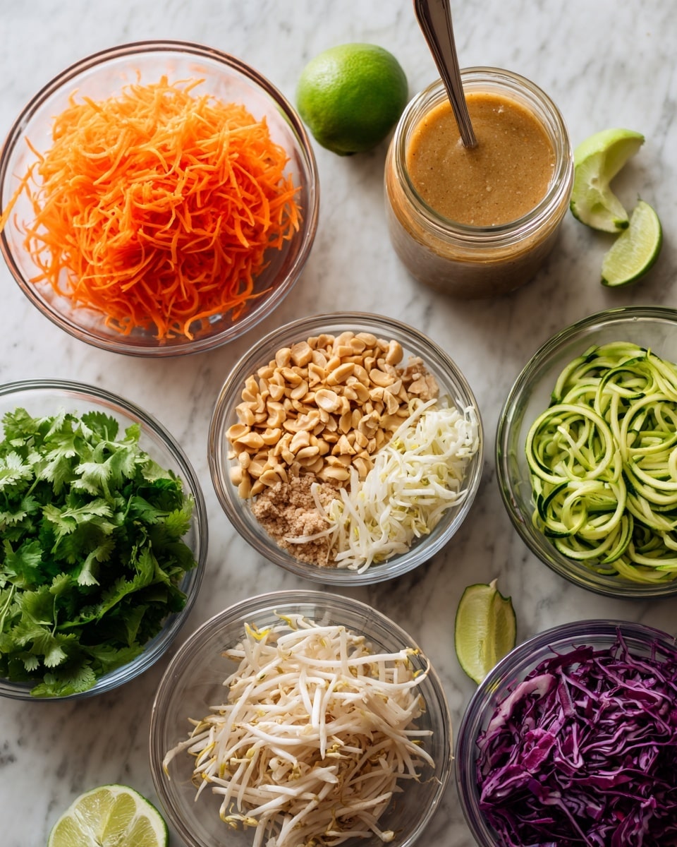 The image shows eight small clear glass bowls placed on a white marbled surface. The bowls hold different fresh ingredients arranged neatly: shredded white chicken in the bottom left, bright orange shredded carrots above it, chopped peanuts in the center, pale white bean sprouts below the peanuts, fresh green cilantro leaves on the left, shredded purple cabbage on the lower right, light green spiralized zucchini noodles on the upper right, and a small glass jar of light brown sauce with a spoon inside next to a halved green lime placed near the center-top. The colors are bright and distinct in natural light. Photo taken with an iphone --ar 4:5 --v 7