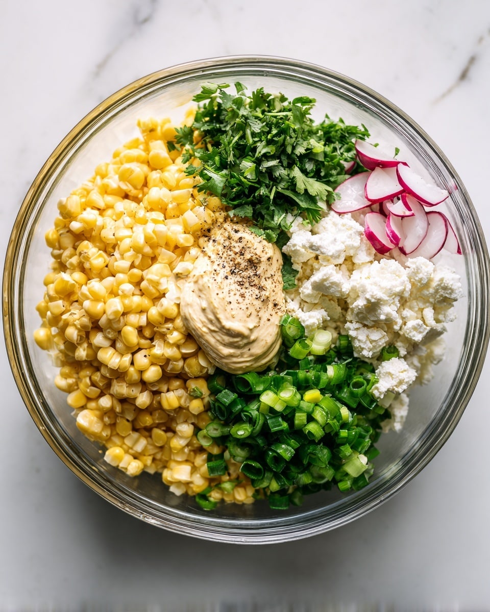 A clear glass bowl is filled with six visible layers. The bottom layer is yellow corn kernels spread evenly. On top of the corn, starting from the left side, there is a pile of chopped green cilantro leaves, next to it chopped green onions forming a neat section. At the top right of the bowl, there is a mound of crumbled white cheese. To the right of the cheese, there are small chopped radish pieces showing white with red edges. In the center, there is a dollop of creamy beige dressing with black pepper sprinkled on it. The bowl sits on a white marbled surface. photo taken with an iphone --ar 4:5 --v 7
