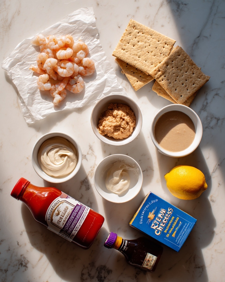 The image shows various cooking ingredients arranged on a white marbled surface. In the upper left corner, there is a pile of small, light pink shrimp on a piece of parchment paper. Below the shrimp, several rectangular wheat crackers are neatly stacked and spread out slightly. Near the center, there are four small white bowls: one with a creamy white sauce, one with a chunky light brown sauce or puree, one with a smooth light beige paste, and one with a small amount of reddish sauce. To the right of the bowls is a whole yellow lemon sitting next to a blue box of cream cheese. In the lower part of the image, a red bottle of organic tomato ketchup is lying on its side near a dark brown bottle of Worcestershire sauce with a purple label. The whole scene is brightly lit and clearly displayed. photo taken with an iphone --ar 4:5 --v 7