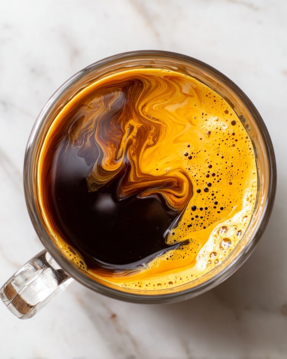 A clear glass cup filled with dark brown liquid that looks like coffee with cream and some yellow foam on the top. Inside the cup, there are swirls of light orange cream mixing gently with the dark liquid. The cup has a clear handle on the left side, and the whole scene is set on a white marbled surface. The focus is on the drink and its smooth, bubbly texture visible from above. photo taken with an iphone --ar 4:5 --v 7