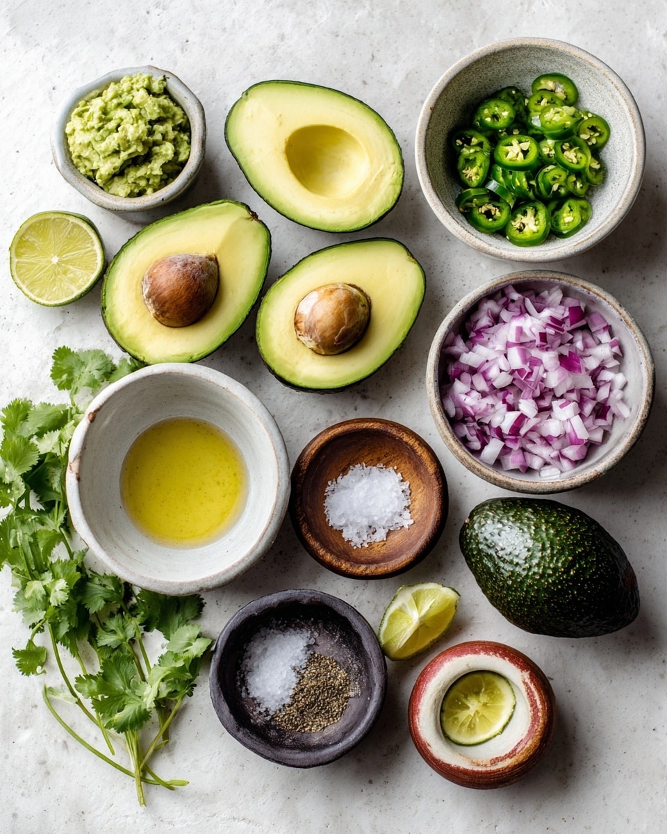 The image shows a flat lay of guacamole ingredients arranged neatly on a white marbled surface. Four avocados, two with pits and two without, display their creamy green insides in the center. Around them are eight small bowls: finely chopped green jalapeño in a white bowl, coarse sea salt in a gray bowl, minced garlic in a small beige bowl, diced red onions in a black bowl, crushed black pepper in a small wooden bowl, and lemon juice in a small white bowl with reddish rim. Fresh green cilantro leaves rest on the left side. The colors are natural greens, purples, and earthy tones, all set with clear textures under soft lighting. photo taken with an iphone --ar 4:5 --v 7