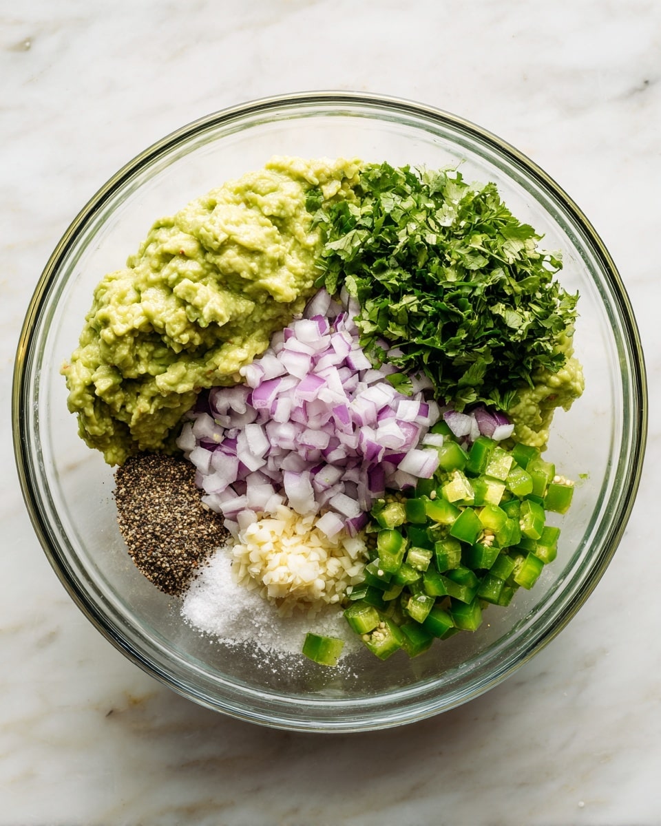 A clear glass bowl sits on a white marbled surface filled with six different ingredients arranged in groups without mixing. The largest area is mashed light green avocado forming a soft textured base. On top right, there is a pile of chopped fresh green cilantro leaves with a slightly rough look. To the right center, small purple and white diced onion pieces form a compact layer. Below the onion, bright green diced jalapeño peppers create a neat section. Near the center left, coarse black pepper gives a speckled dark texture, and next to it, white granulated salt adds a small contrasting pile. Minced garlic with pale cream color is positioned near the middle, completing the mix. Photo taken with an iphone --ar 4:5 --v 7