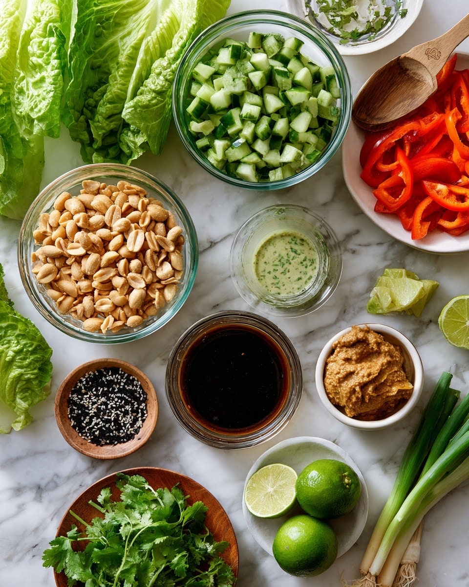 The image shows many fresh ingredients laid out on a white marbled surface. There are two large green leaves of lettuce on the left side. Next to them is a glass bowl with chopped green cucumber pieces. Above this bowl is another glass bowl filled with light brown peanuts. To the right of the peanuts, there is a dark brown sauce in a small white bowl. Above the dark sauce is a brown spoon filled with a light brown paste. To the right of this paste is a small white bowl with a light green sauce inside. Below the peanuts bowl is a glass bowl filled with thin orange carrot sticks. At the bottom center is a small wooden bowl with black sesame seeds. To the right of the sesame seeds are three whole green onions and some green cilantro leaves. Above the lettuce is a white bowl filled with sliced red peppers. On the right center, there are two green limes, one whole and one cut in half. A woman's hand is not visible in this image. The colors are fresh and vibrant with greens, oranges, and reds standing out. photo taken with an iphone --ar 4:5 --v 7