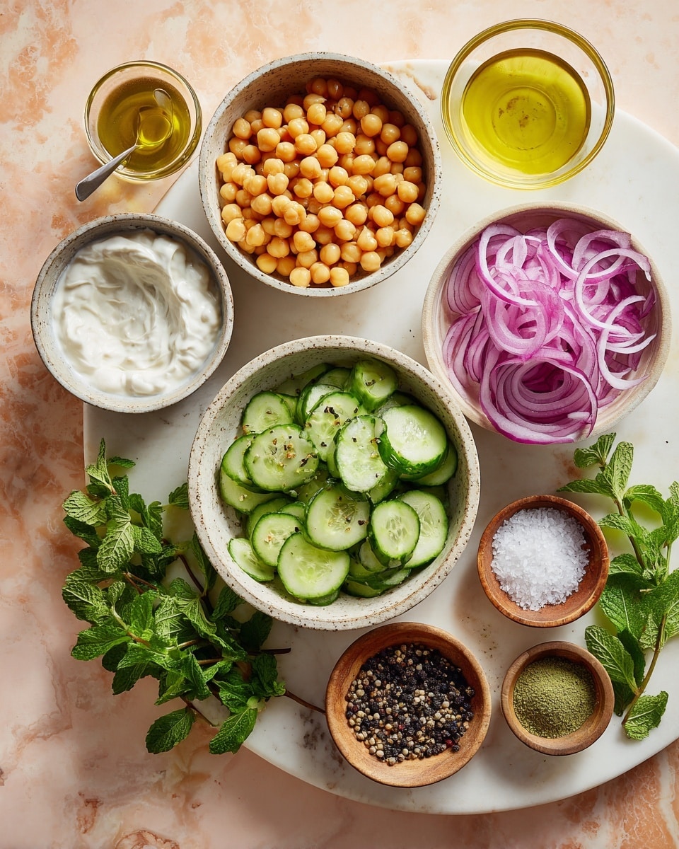 A group of small white bowls arranged on a white marbled surface holds different fresh ingredients. One bowl is filled with light orange chickpeas, another with thinly sliced cucumber rounds in shades of green with visible seeds, and a third bowl contains thin strips of red onion with white and purple hues. Around these are small bowls of creamy white yogurt, pale yellow olive oil, and minced garlic. There are also fresh green herbs like parsley and mint on the sides, along with small wooden bowls filled with coarse salt, cracked black pepper, and a green spice. The colors are fresh and natural, set against a soft peach background. photo taken with an iphone --ar 4:5 --v 7