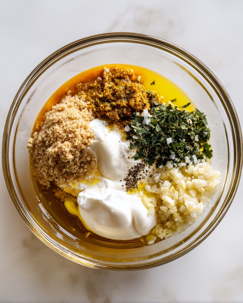 A clear glass bowl sits on a white marbled surface, filled with several ingredient layers. The bottom layer is a shiny golden yellow liquid, possibly oil. On top of that, there is a thick, smooth orange layer resembling a sauce or puree. Dollops of white creamy yogurt sit centrally on the orange base. To the left, a crumbly beige pile of ground nuts or seeds forms a small mound. Above the yogurt, dark green chopped herbs add a fresh look. The right side holds finely minced pale yellow garlic pieces. Black pepper is sprinkled near the herbs and yogurt. The bowl is viewed from above, showing all layers clearly. Photo taken with an iphone --ar 4:5 --v 7
