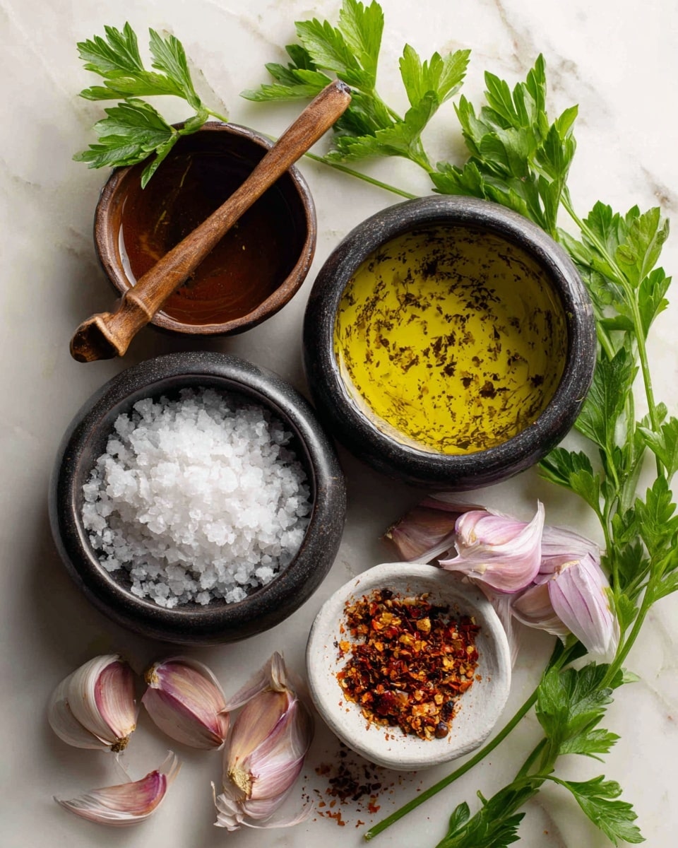 A clear food processor bowl sits on a white marbled surface, filled with layers of fresh ingredients ready to be blended. At the base are bright green leafy herbs with varied textures: some long and thin, some more broad and jagged. Nestled in are three white garlic cloves on the right side and a pinkish half onion near the bottom. On top of the greens are small piles of white salt, a mound of light brown spice, and dark cracked pepper sprinkled over the herbs. The black central blade piece stands out in the middle, surrounded by the colorful layers. Photo taken with an iphone --ar 4:5 --v 7