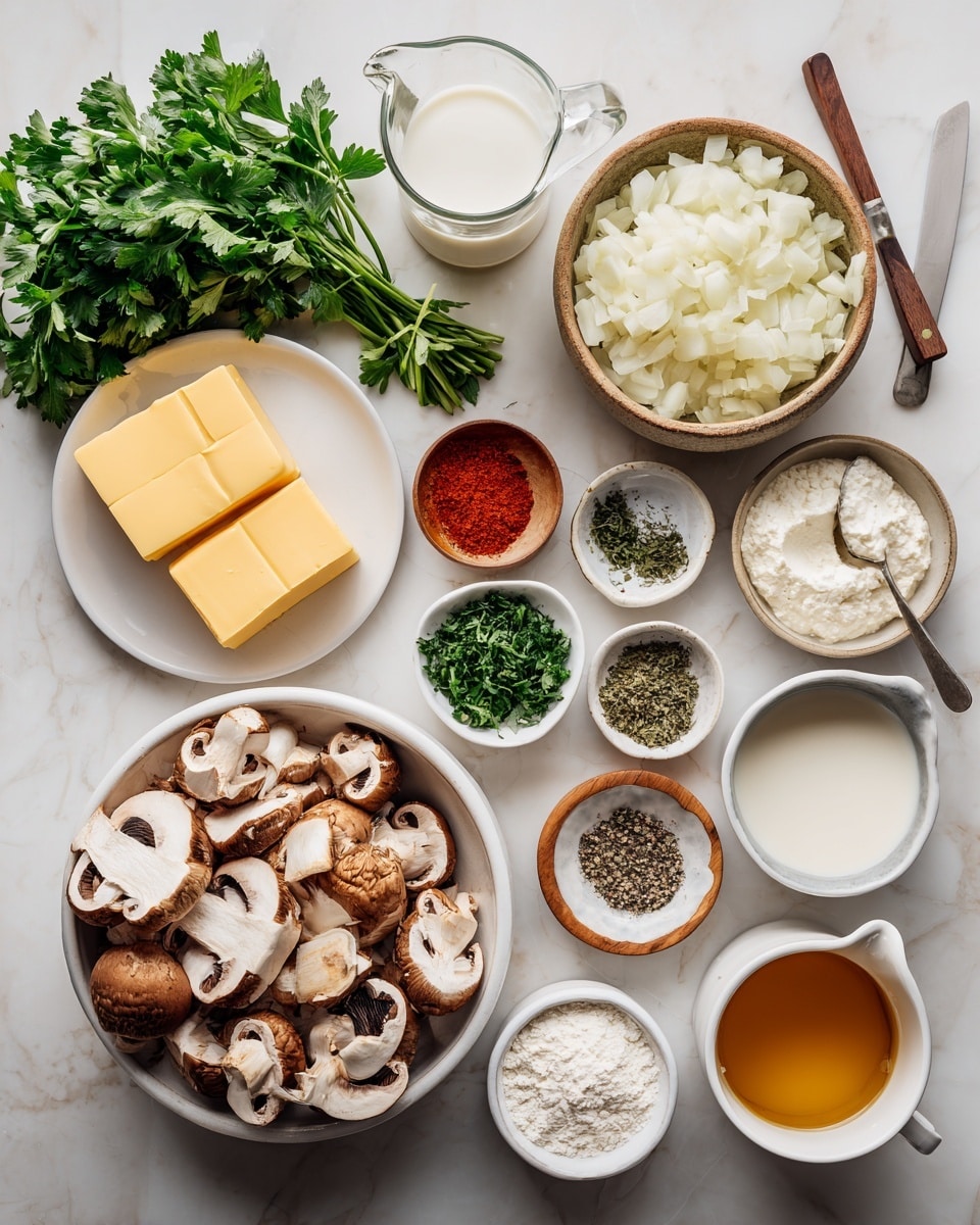 The image shows many cooking ingredients arranged neatly on a white marbled surface. On the left, there is a bunch of fresh green parsley and a small glass jug of milk. Nearby, a white plate with three pieces of yellow butter and a small round dish with red paprika powder sit beside a bowl filled with chopped white onions. Towards the center, a large white bowl holds many sliced brown mushrooms with white interiors. Around it are small white dishes containing green herbs, black pepper, salt in a wooden bowl, and white sour cream. On the right side, a white cup holds a golden broth, and smaller white dishes contain oil, flour, and vinegar. Photo taken with an iphone --ar 4:5 --v 7