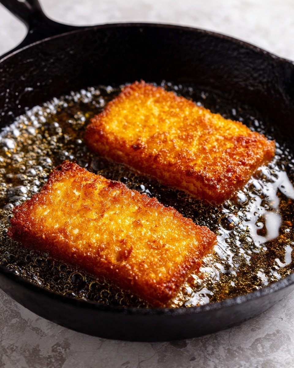 The image shows two golden brown fried pieces in a black cast iron pan, sizzling with bubbles of melted butter around them. The pieces have a crispy, crunchy texture with small crumbs visible on the surface. The pan sits on a white marbled texture background, with the handle extending to the left side. The sizzling butter adds a shiny, slightly oily look to the pan's interior. photo taken with an iphone --ar 4:5 --v 7