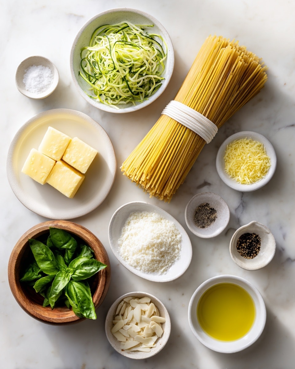 The image shows various cooking ingredients arranged neatly on a white marbled surface. In the center, there is a bundle of uncooked long pasta tied with a white band, surrounded by small white plates and bowls containing different ingredients: three small yellow butter pieces on a white plate, one bowl with grated white cheese, another bowl with finely shredded green zucchini, a small bowl of grated yellow zest, a wooden bowl with fresh green basil leaves, a small bowl of white salt, a small bowl of olive oil, a small bowl with black pepper, and a small bowl with thin white almond slices. All items are spaced evenly and clearly visible. Photo taken with an iphone --ar 4:5 --v 7