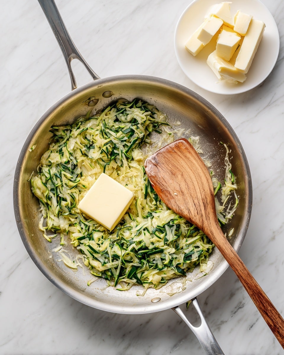 A silver frying pan with a long handle placed on a white marbled surface contains shredded green zucchini cooking in oil. There is a square piece of pale yellow butter melting in the center of the pan. A wooden spatula with a flat edge rests inside the pan, partially covered with the zucchini mixture. To the top right of the pan, a small white plate with two pieces of butter sits on the white marbled surface. The photo taken with an iphone --ar 4:5 --v 7