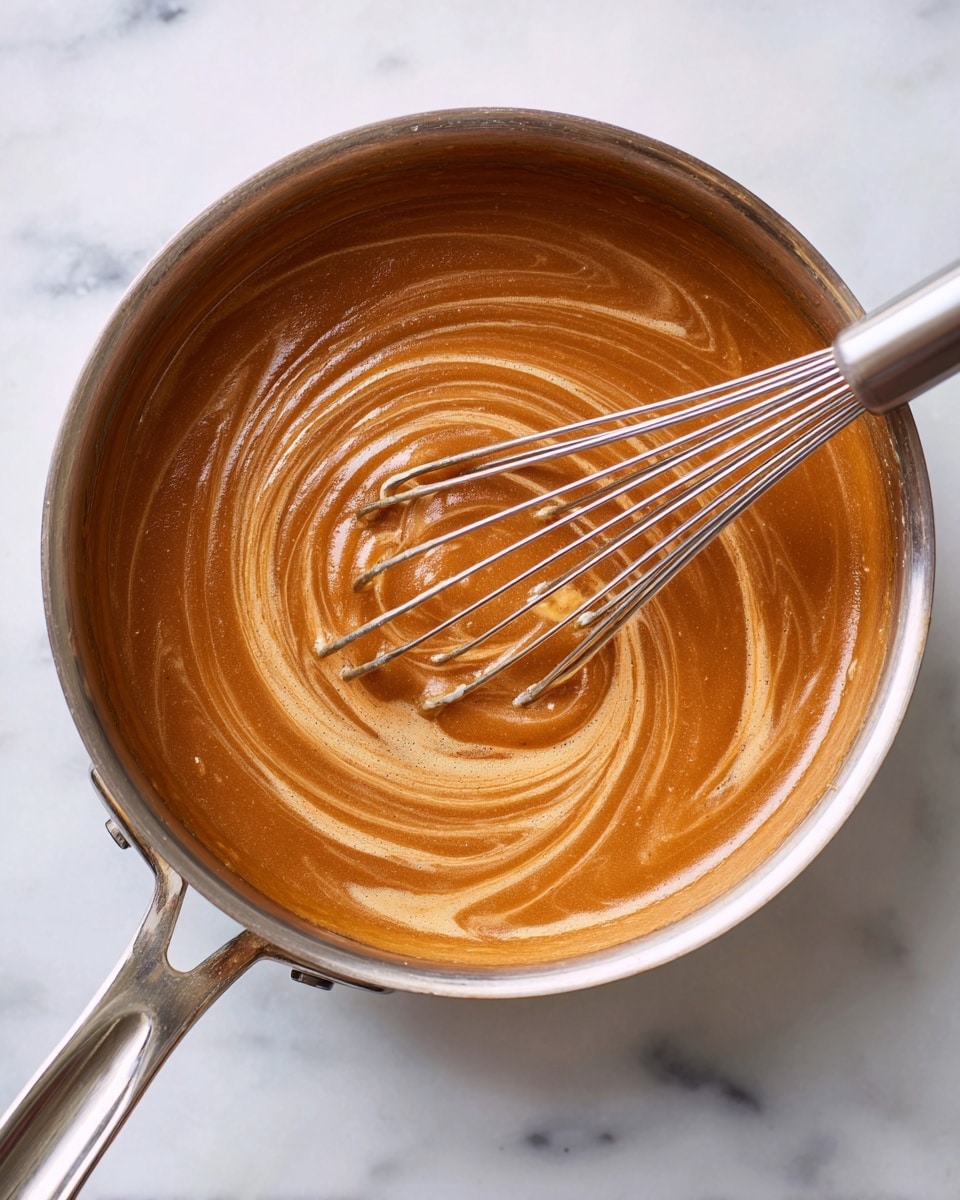 A shiny metal pot is shown from above on a white marbled surface, containing a smooth caramel-colored sauce being stirred by a metal whisk with a light reflecting off the thick liquid inside. The sauce has a rich brown and golden swirl pattern, with a glossy texture that looks warm and creamy. The pot handle extends to the left side, and the scene is simple and clean. Photo taken with an iphone --ar 4:5 --v 7