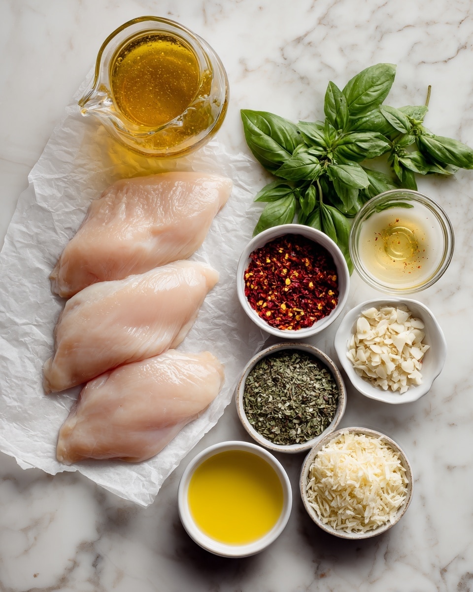 The image shows a white marbled surface with various cooking ingredients laid out neatly. On the left, there are four raw pale pink chicken fillets placed on white parchment paper. Above them is a glass jug filled with golden chicken broth. Surrounding the fillets are small white bowls containing different spices and seasonings: a bowl with mixed dried herbs, one with red chili flakes, a bowl of finely minced garlic, a bowl filled with grated cheese, two small bowls of yellow olive oil, a small bowl of white coarse salt, and another bowl with a greenish herb mix. On the right side, a bunch of fresh green basil leaves and a small glass jar of white vinegar add color contrast. Photo taken with an iphone --ar 4:5 --v 7