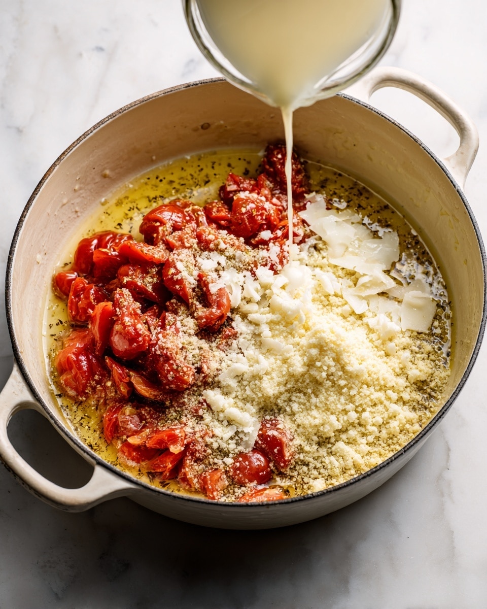 A round white pan with two handles sits on a white marbled surface. Inside the pan, there are several layers: chunky red tomato pieces on the left side, a sprinkling of finely grated white cheese mainly on the right side, creamy white liquid being poured from a jar into the center, and a thin layer of light orange or yellowish oil or broth spread around the ingredients. The textures are a mix of chunky tomatoes, creamy liquid, and finely grated cheese. photo taken with an iphone --ar 4:5 --v 7