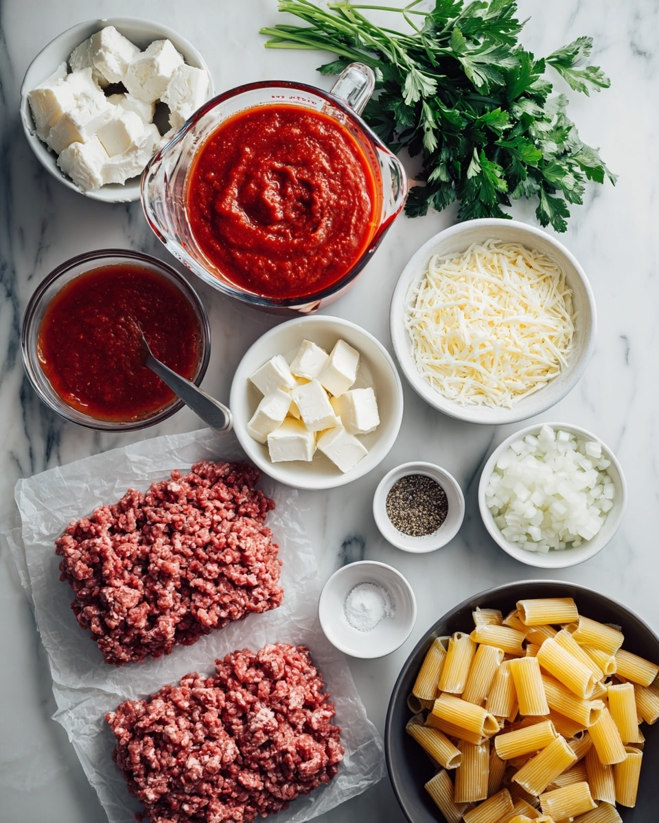 The image shows an overhead view of raw ingredients for a pasta dish arranged on a white marbled surface. There are two piles of raw ground meat on white parchment paper at the bottom left—one darker red and one lighter in color. Above them, a glass measuring cup holds thick red tomato sauce with a swirl on top. To the right, small bowls contain white crumbly cheese, white cubes of butter, and white coarse salt, along with a taller bowl filled with shredded pale yellow cheese. A small bowl with black pepper is next to a glass bowl with more red tomato sauce, which has visible bits of tomato and a spoon inside. A bunch of fresh green parsley is placed at the top right. At the bottom right, a white bowl contains dry rigatoni pasta in a pale yellow shade. There is also a small black bowl filled with diced white onions near the center. The layout is neat, colorful, and inviting. Photo taken with an iphone --ar 4:5 --v 7
