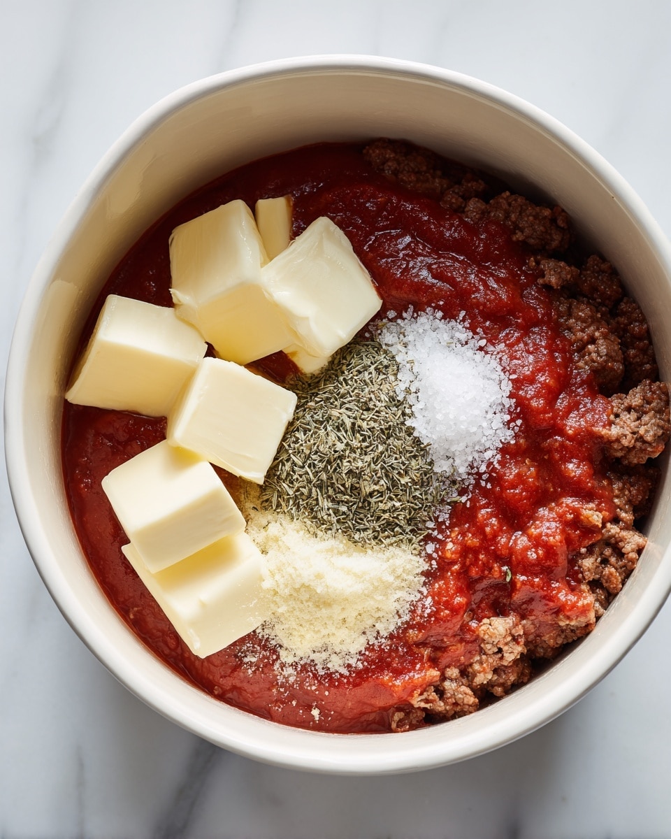 A white round pot sits on a white marbled surface. Inside the pot, there is a base layer of cooked ground meat visible along the edges on the right side. On top of the meat, there is a layer of bright red tomato sauce covering most of the surface. On the right side of the sauce, there are four rectangular pieces of pale yellow butter placed close together. In the center, there is a light green mix of dried herbs and a small white pile of salt seasoning next to it. The textures are smooth for the sauce, crumbly for the meat, and solid for the butter. Photo taken with an iphone --ar 4:5 --v 7