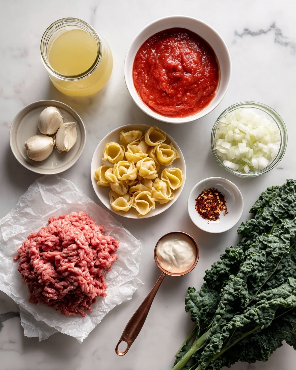 The image shows several ingredients laid out on a white marbled surface. There is a pile of raw ground meat on a piece of white parchment paper in the bottom left. To the left is a tall glass jar filled with light yellow broth or juice. In the top left, there is a white bowl with bright red tomato sauce. Next to the tomato sauce, there is a small white bowl of chopped garlic and a pile of round folded yellow pasta pieces arranged near the center. Below them, a copper measuring spoon with white cream holds some more creamy sauce. To the right, there is a clear glass bowl filled with chopped white onions and a small white dish of red chili flakes beside it. On the far right, there is a large bunch of dark green leafy kale. Photo taken with an iphone --ar 4:5 --v 7