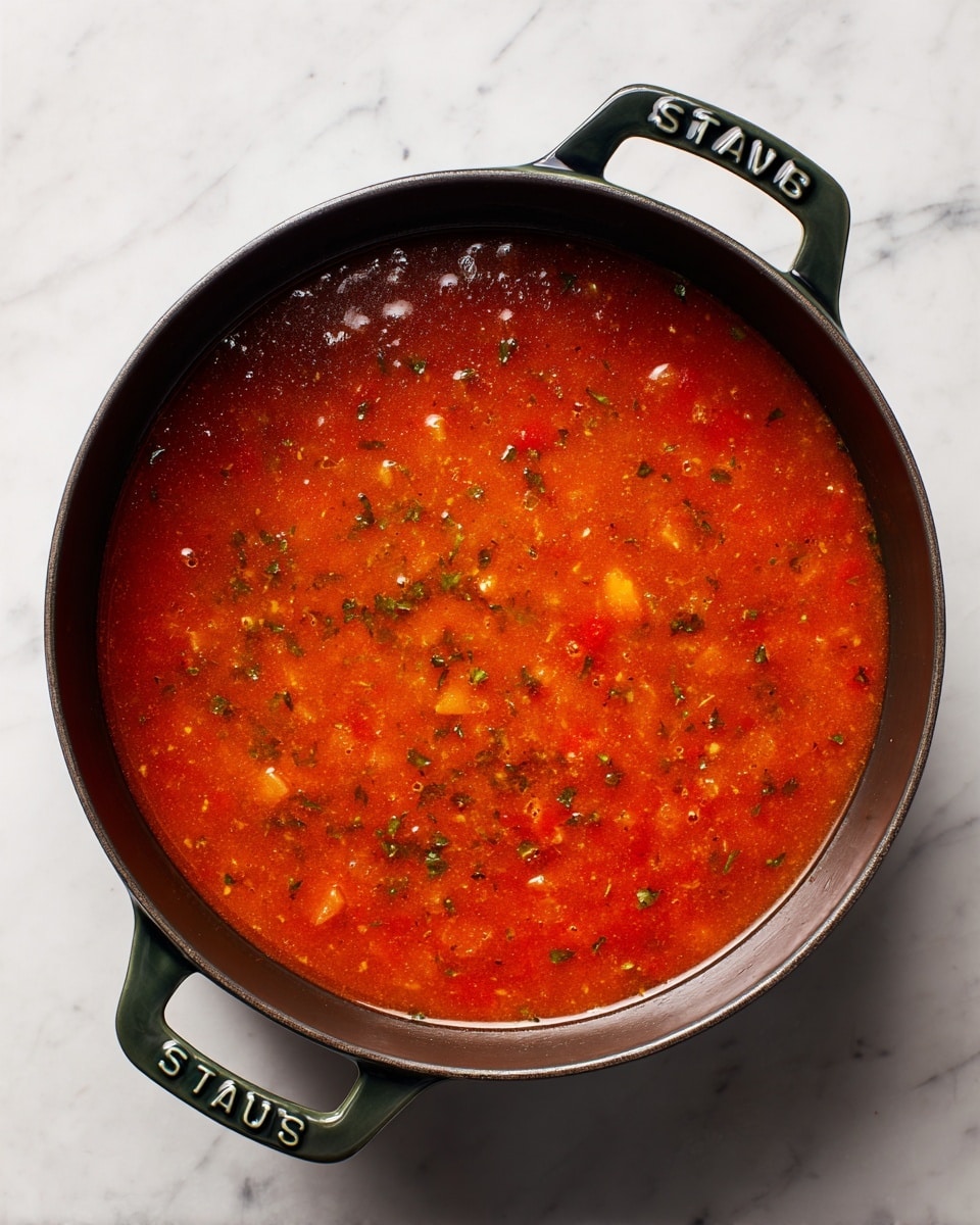 A top view of a large dark green cast iron pot filled with bright orange-red soup that has visible small chunks of vegetables and herbs, sitting on a white marbled surface. The soup has a smooth texture with tiny bits of ingredients dispersed evenly throughout, creating a warm and inviting look. The pot has two handles on each side with the brand name