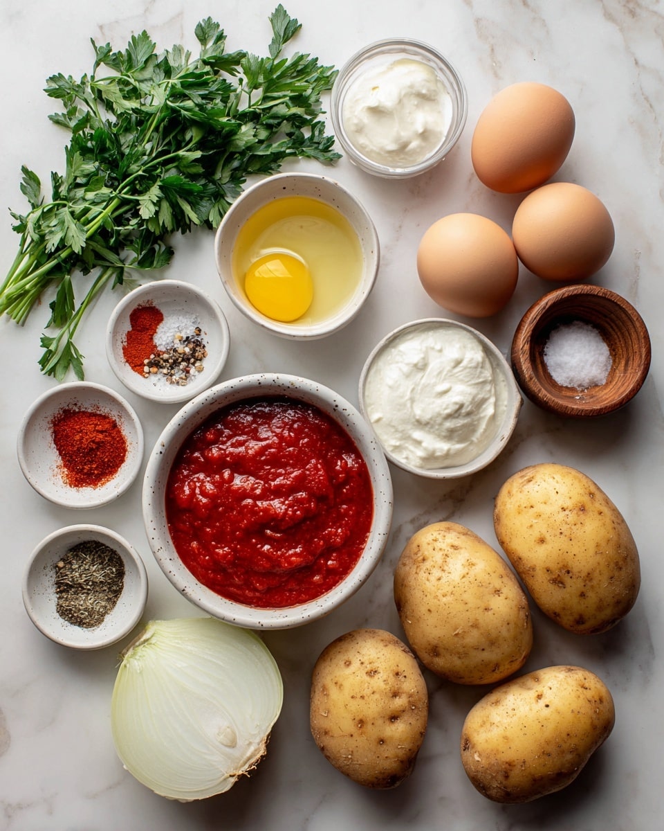 The image shows a white marbled surface with fresh ingredients neatly arranged: three large light brown potatoes on the right, a cluster of three brown eggs near the top center, and a half white onion on the bottom left. There are small white bowls with various contents, including white cream, olive oil, and lemon juice, along with small wooden and ceramic containers holding red paprika powder, minced garlic, and a mix of salt and black pepper. Fresh green parsley fills the top left, and a white bowl filled with bright red tomato sauce is near the bottom center. All ingredients are spread out clearly and cleanly across the surface photo taken with an iphone --ar 4:5 --v 7
