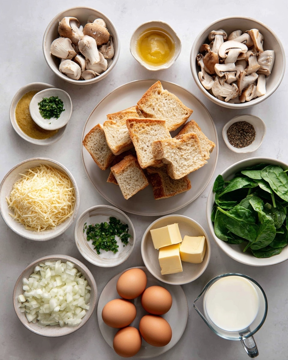 The image shows many ingredients placed on small and medium white bowls on a white marbled surface. In the center, there is a medium white plate stacked with many pieces of soft bread cut into squares, with a brown crust. Around it, starting from the top left, there is a white bowl full of sliced mushrooms with a light brown color. Close to it, a small white bowl holds two small yellow butter blocks. Next to it, a small white bowl contains finely chopped green herbs. Below, a smaller white bowl holds a yellow mustard sauce. To the left, there is a white bowl filled with shredded light yellow cheese. Underneath, a glass container has white milk. Another small white bowl holds diced white onion. To the right of the bread plate, there is a bigger white bowl filled with fresh green spinach leaves. Next to it, a medium white plate contains six brown eggs. A glass container with white milk is at the lower right corner. In the gaps between, small white and dark bowls hold salt, pepper, and spices. Everything is arranged neatly and clearly, photo taken with an iphone --ar 4:5 --v 7